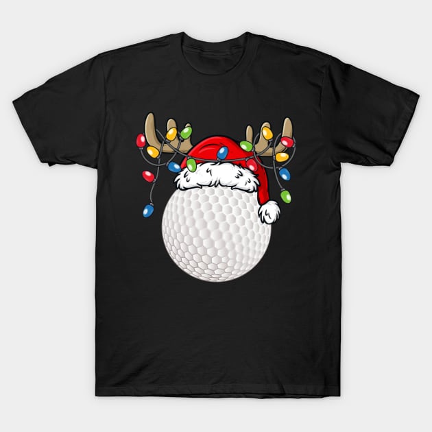 Golf Ball With Santa Hat Reindeer Antlers Christmas Lights T-Shirt by Kimko